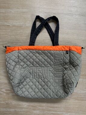 Steve Madden green & orange detail quilted nylon tote bag purse